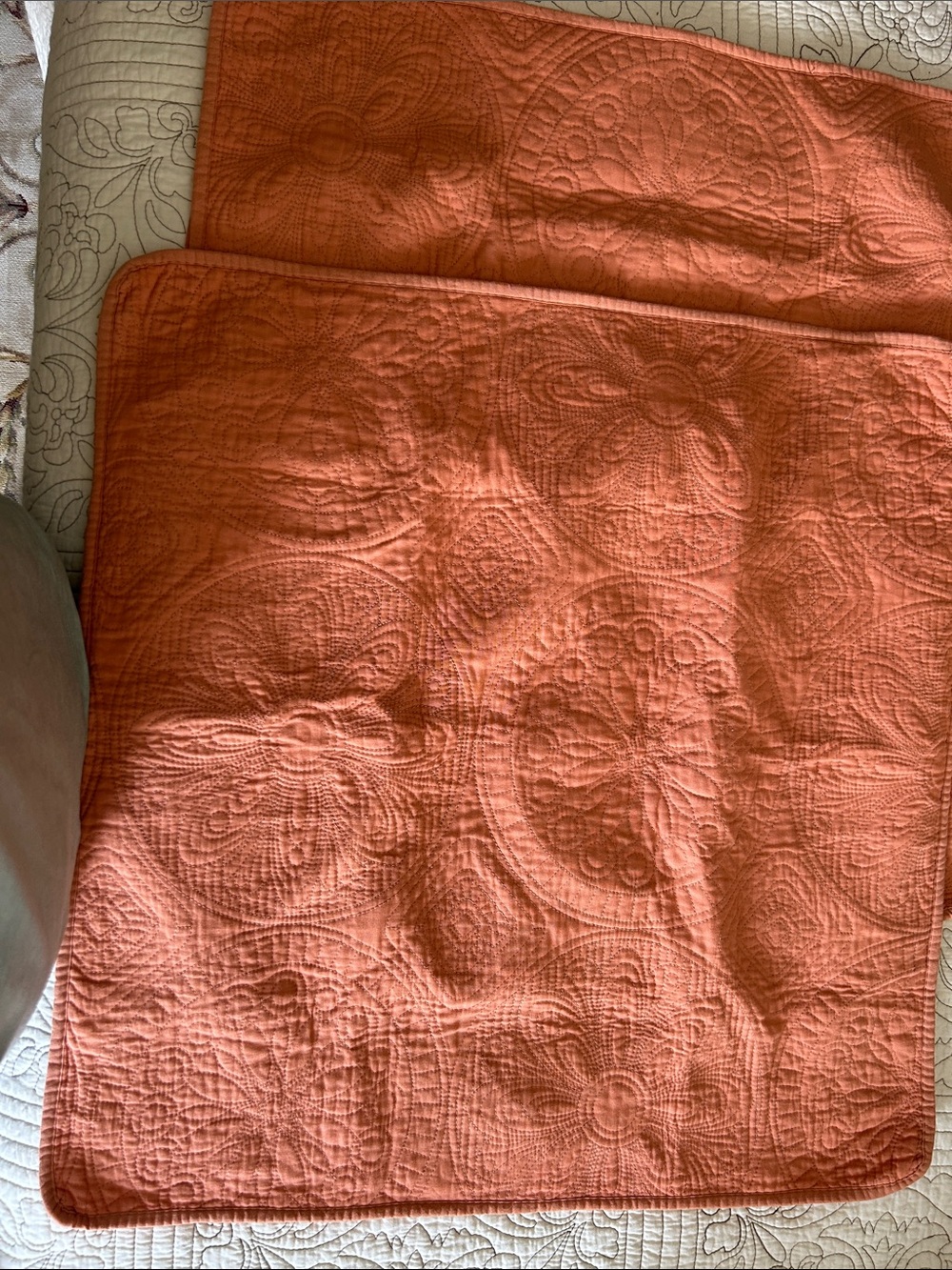 Quilted Orange Bed Euro Shams - Classic Medallion Pattern